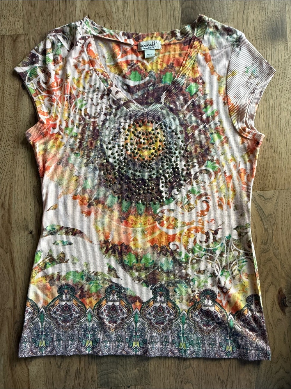 ONE WORLD Multicolor V-Neck Short Sleeve Top with Stud Details